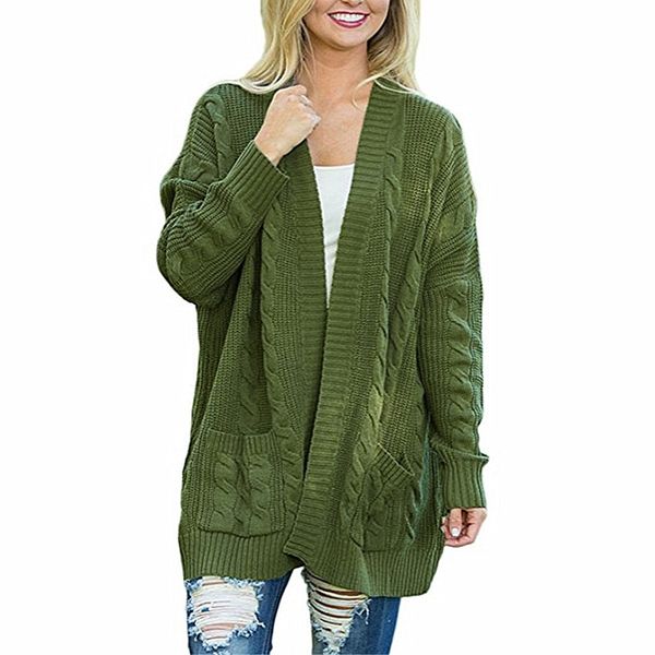 

2019 autumn and winter new fashion women's sweater long section large size double pocket twist knit cardigan sweater women b609, White