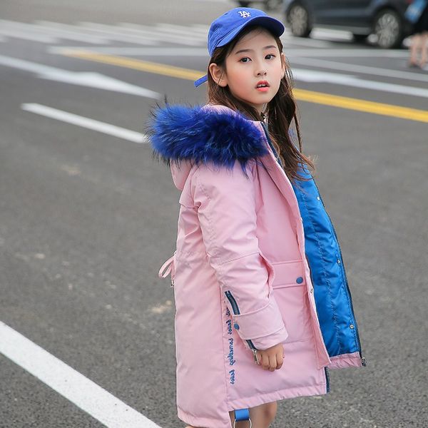 

2019 real raccoon fur collar winter down jacket parka girls coats white duck down down jackets children's clothing kids outerwear coats, Blue;gray