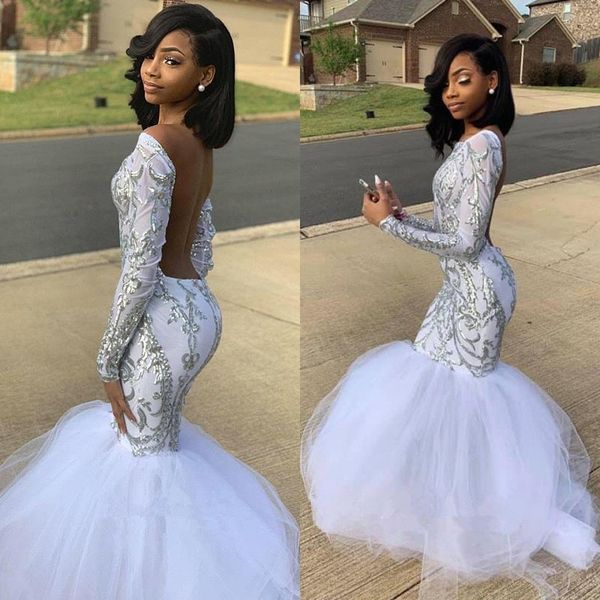 

2020 reflective mermaid long prom dresses tulle long sleeves sequins backless formal evening gowns plus size bc4054