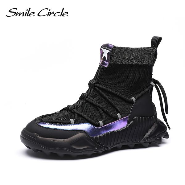 

smile circle knit sneakers women ankle boots flat platform breathable thick bottom casual rear high-lace-up shoes, Black