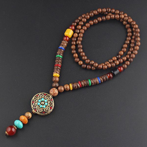 

handmade buddhist wood beads round pendant & necklace long ethnic necklace nepal jewelry women men accessories, Silver