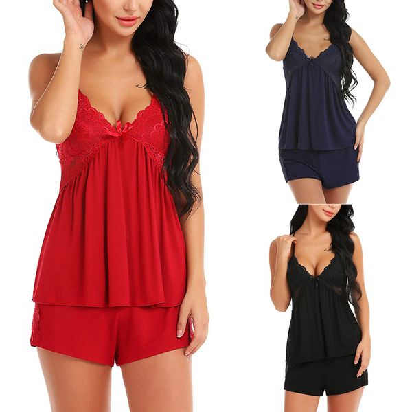 

two piece pajama set lace and shorts pyjamas spaghetti strap sleepwear high elastic pijama nightie home clothes d35, Black;red