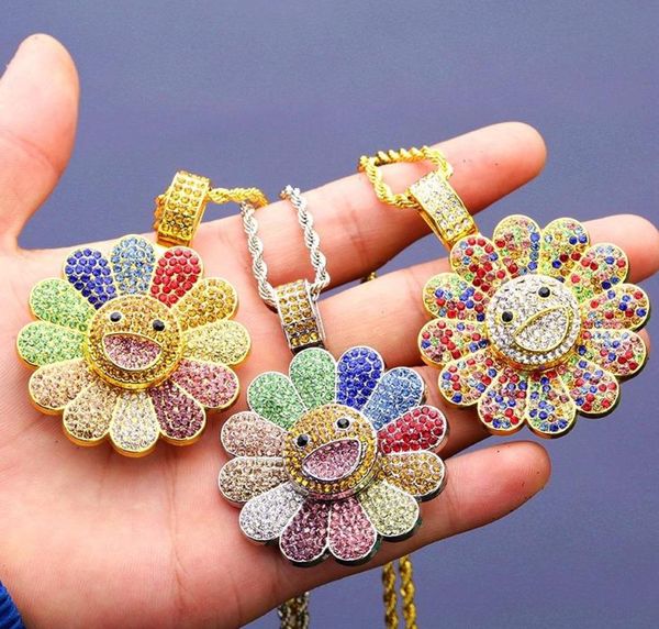 

gold rotatable sunflower pendant necklace mens hip hop necklace jewelry fashion womens iced out pendant necklace, Silver