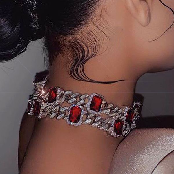 

big red blue green rectangle stone charm necklace iced out miami cz cuban link chain 16inch hip hop women chunky choker necklace, Golden;silver