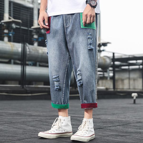 

#2358 ankle length ripped denim jeans for mens elastic waist plus size harem biker jeans men hip hop homme, Blue