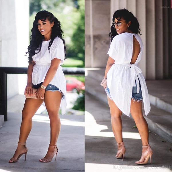 

hollow blouse girl irregular candy color crew neck short sleeve clothing summer designer shirt womens summer back, White