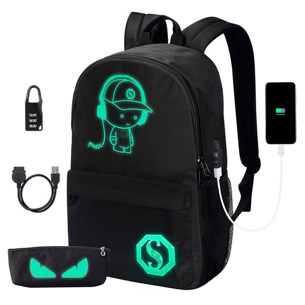 

college school backpack anime luminous lapbackpack with usb charging port ,anti theft lock and pencil case for teen boys and girls