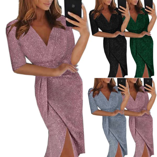

plus size summer women midi dress 2019 sequins half sleeve ladies v neck split dresses vintage party dress female vestidos, Black;gray