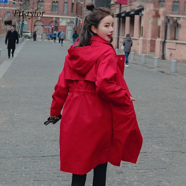 

fitaylor new women trench coat long hooided outwear red office lady clothes autumn spring outerwear oversize windbreaker, Tan;black