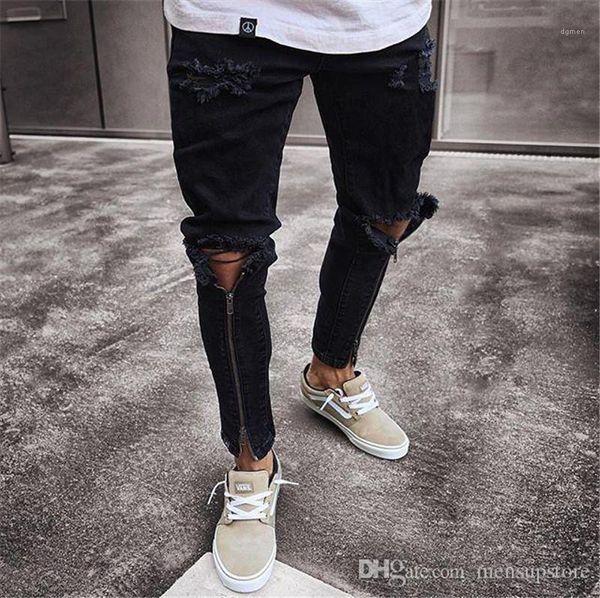 

men zipper holes designer jeans black ripped slim fit represen pencil pants, Blue