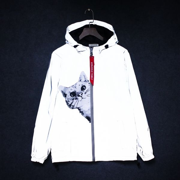 

zogaa men's 3m reflective jacket cat hip hop funny pocket hooded waterproof men women streetwear windbreaker jackets homme coats, Black;brown