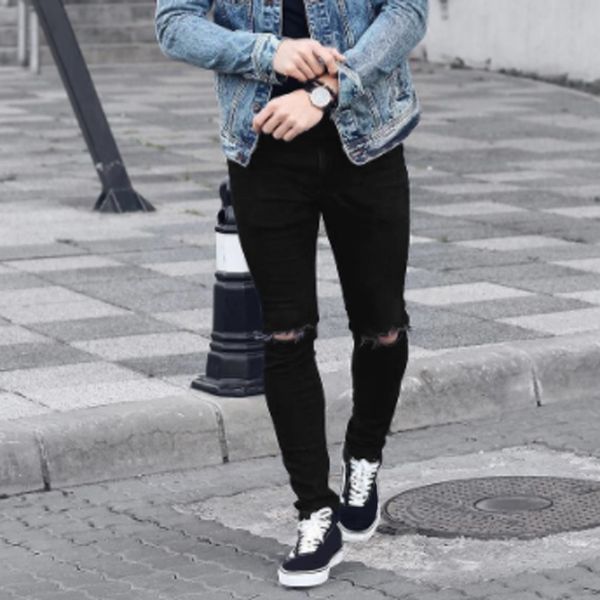 

jeans men top brand men clothes 2019 skinny stretch denim pants distressed ripped freyed slim fit jeans trousers of male 7.12, Blue