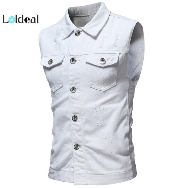 

loldeal summer classic denim vest wash hole men's casual sleeveless denim vest, Black;white