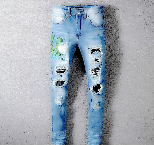 

mens amiri jeans 2019 новый модный бренд мужские рваные синие джинсы рваные мотоциклист j eans arn16 тонкий рваные джинсы брюки лучшее качес, Blue
