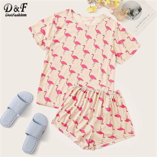 

dotfashion животных фламинго печати пижама набор 2019 summer casual пижама для женщин весна дамы с коротким рукавом мода loungewear, Black;red