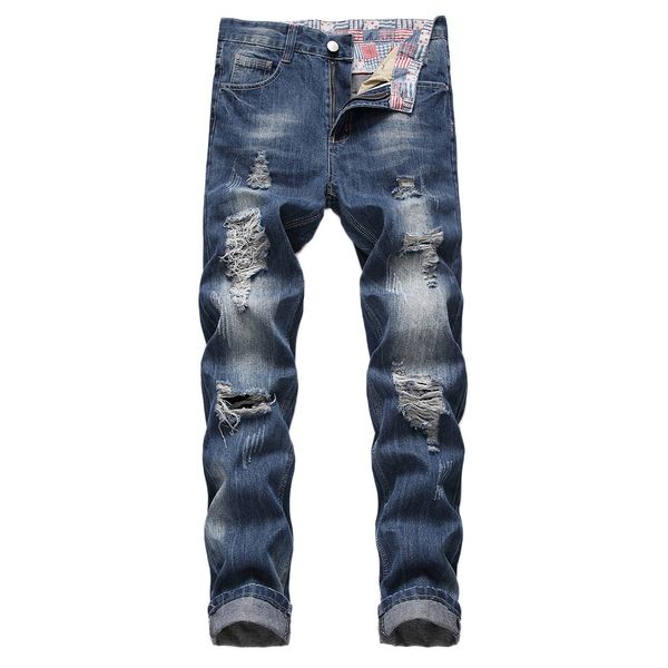 

men's stretchy ripped skinny biker pants men skinny jeans men destroyed taped slim fit denim pants jean homme stretch #y2, Blue