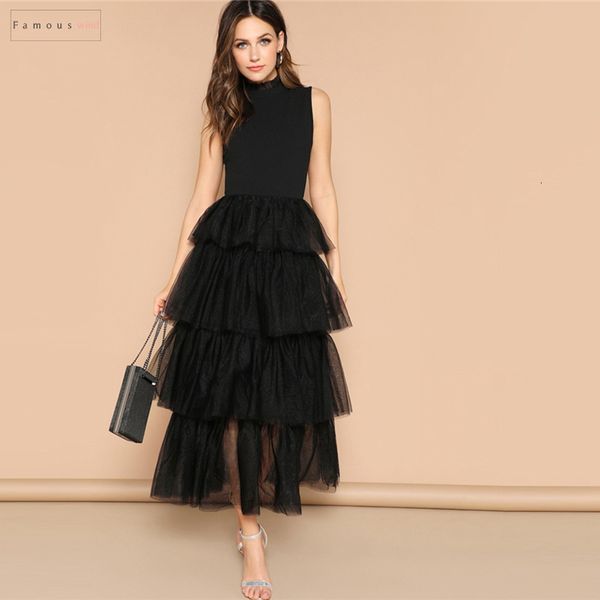 

contrast long dress black mixed media layered glamorous mesh ruffle elegant mock neck sleeveless 2019 spring dresses, Black;gray