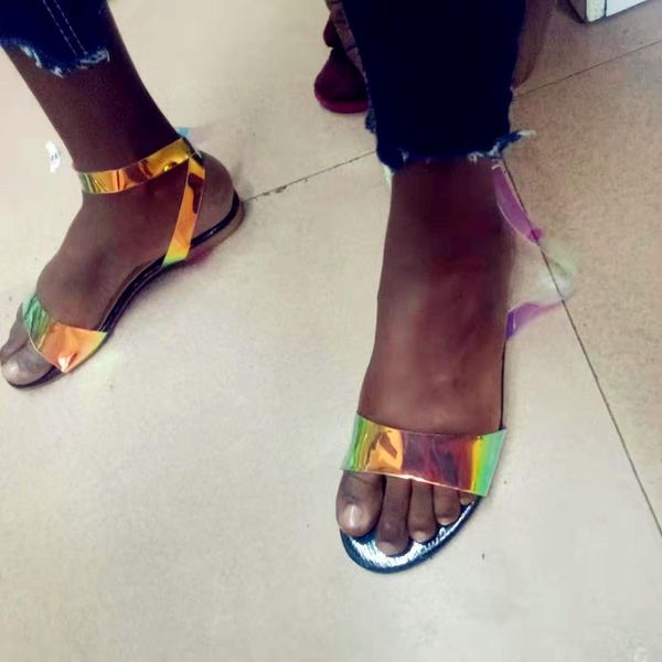 

women sandals lady colorful open toe slip on bukle strap pu transparent flat shoes woman casual female fashion shoes, Black