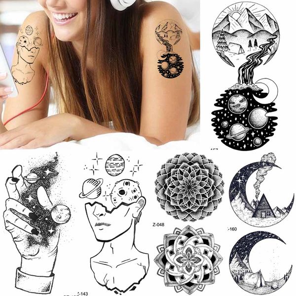 Acheter Femmes Noires Planète Bras Créatif Autocollants De Cou Cou Lune Hommes Temporaire De Tatouage Univers Henné Mandala Fleur Faux Star Tatoos De