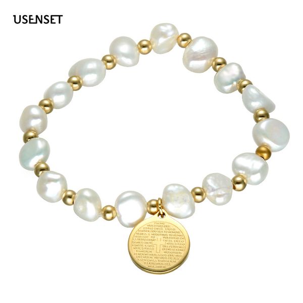 

usenset stainless steel round bean new cross circle brand scripture christian bracelet titanium steel women's pearl chain m12, Black