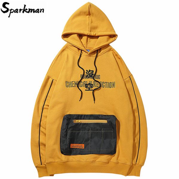 

2019 men hip hop hoodie sweatshirt embroidery kanji harajuku streetwear hoodie front pocket zipper hooded pullover cotton, Black