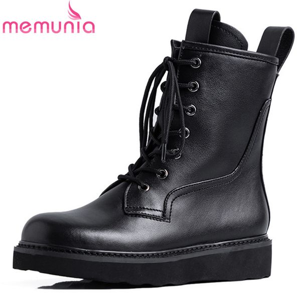

memunia 2020 new arrive ankle boots women genuine leather shoes lace up autumn winter short boots fashion punk flat shoes woman, Black