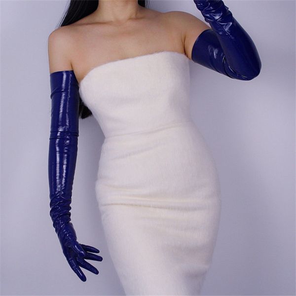 

70cm extra long patent leather gloves emulation leather pu female bright leather dark blue royal blue wpu01-70, Blue;gray