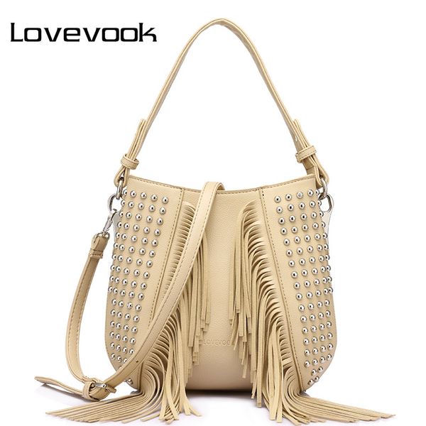 

lovevook women fashion tassel shoulder bag vintage handbags rivet messenger bags for women 2017 high quality