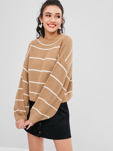 

wholesale lantern sleeve contrasting striped loose pullover sweater women sweater, White;black