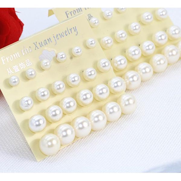 

new white color 12 pairs/set 6/8/10/12mm imitation pearls acrylic stud earrings piercing fashion jewelry for women wholesale, Golden;silver