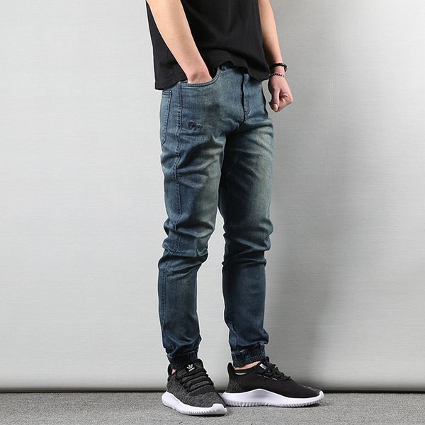 

fashion vintage men jeans retro blue slim fit denim cargo pants harem jeans men slack bottom joggers streetwear hip hop