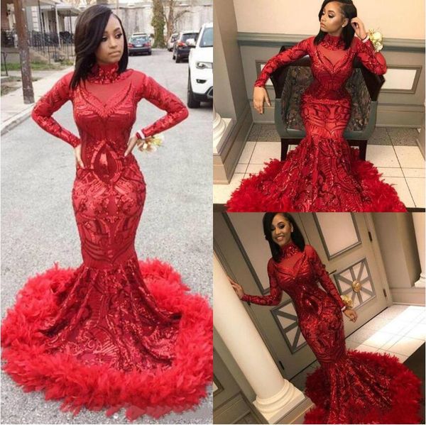 

2019 red mermaid prom dresses long sleeve sequined high neck feather party gowns ruffles illusion formal evening dresses custom made, Black
