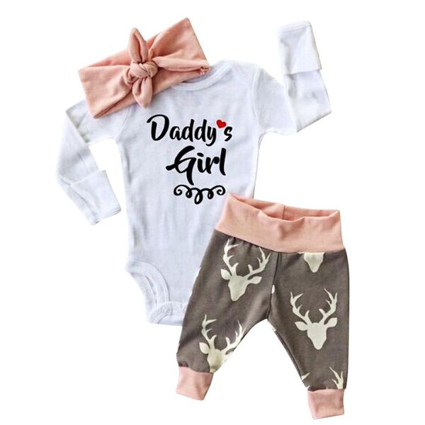 

100% cotton clothes daddy's girl letter print romper bodysuit deer print pants hairband clothes outfits set #ew, White