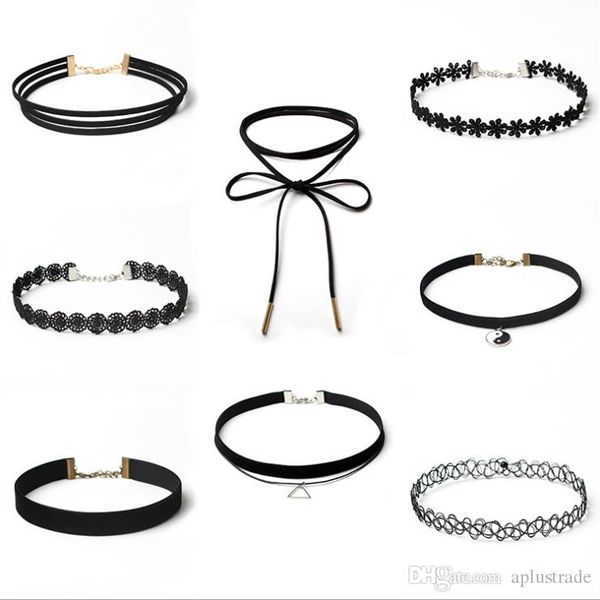 

new gothic retro vintage lace flower triangle tattoo chocker women handmade multilayer black velvet neck choker necklace set, Golden;silver