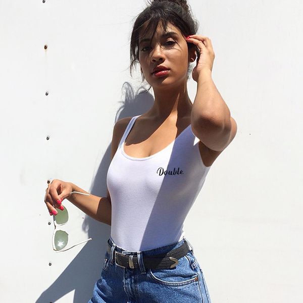 

2020 summer tight letter overseas embroidery women's jumpsuit base vest, White