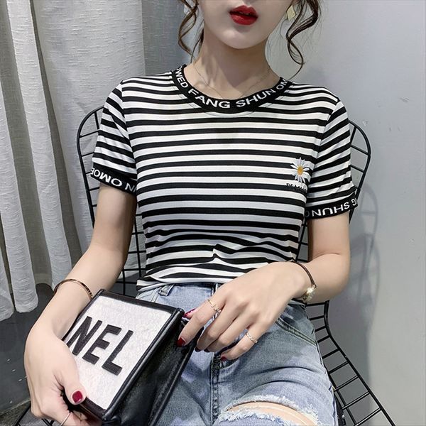 

little daisy embroidery striped short-sleeved t-shirt female 2020 ice cotton slim half-sleeved t-shirt isn't fashionable, White