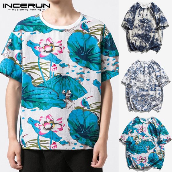 

incerun chinese style summer short sleeve t shirt men o neck print vintage loose casual tees retro t-shirt camisetas 2019 s-5xl, White;black