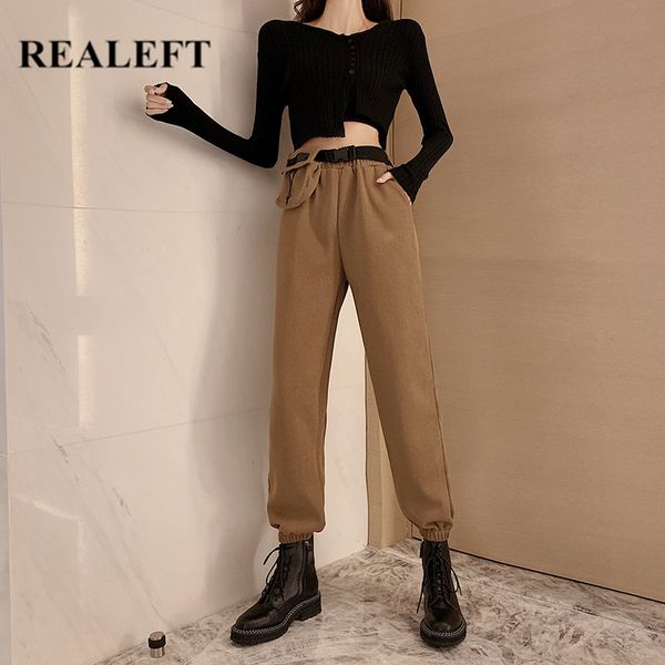 

realeft autumn winter women's chic cargo pants high waist khaki women's street overalls pocket casual loose trouser new arrival, Black;white