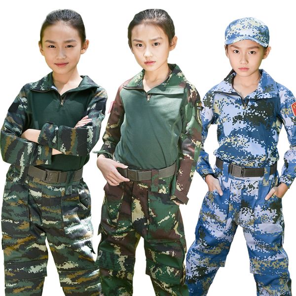 

girl children summer camping army training combat shirt pants uniform sets kids women outdoor sports camouflage + trousers, Gray;blue