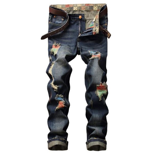 

2017 business men jeans pants casual straight ripped hole jeans new printed men homme for, Blue
