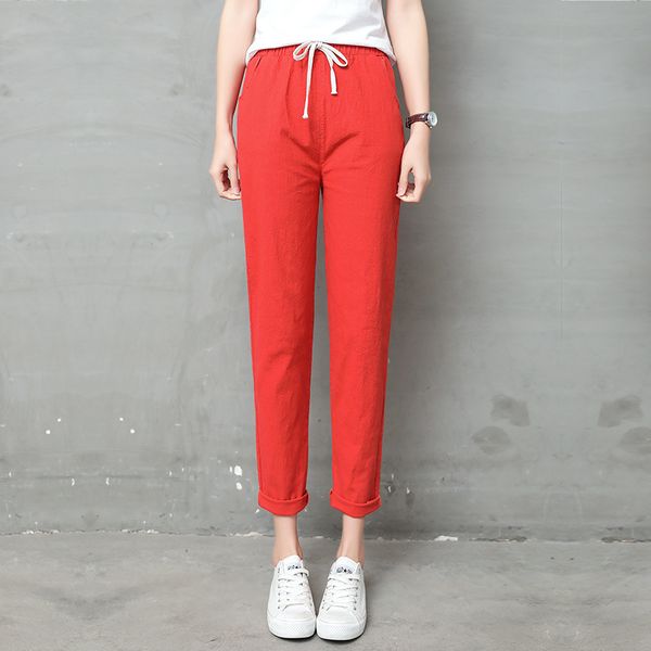 

women pencil pants casual harajuku ankle length trousers summer autumn plus size solid elastic waist cotton linen pants black, Black;white