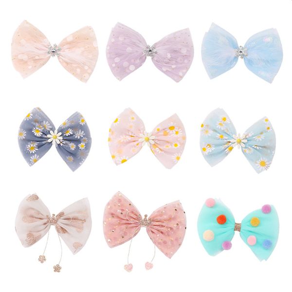 

10pcs/lot new daisy soft mesh handmade hair bow flower hair clips for girl summer spring kids hairpin sweet barrette accessories, Slivery;white