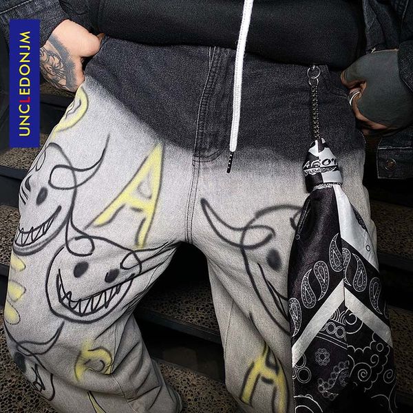 

high street hand printed pants mens straight zipper trouser hip hop streetwear autumn winter casual jogger vintage mens ad-1981, Blue