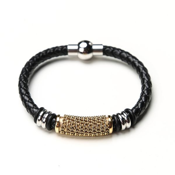 

glamour black woven leather bracelet men's leather bracelet and men's chain + stainless steel jewelry, White