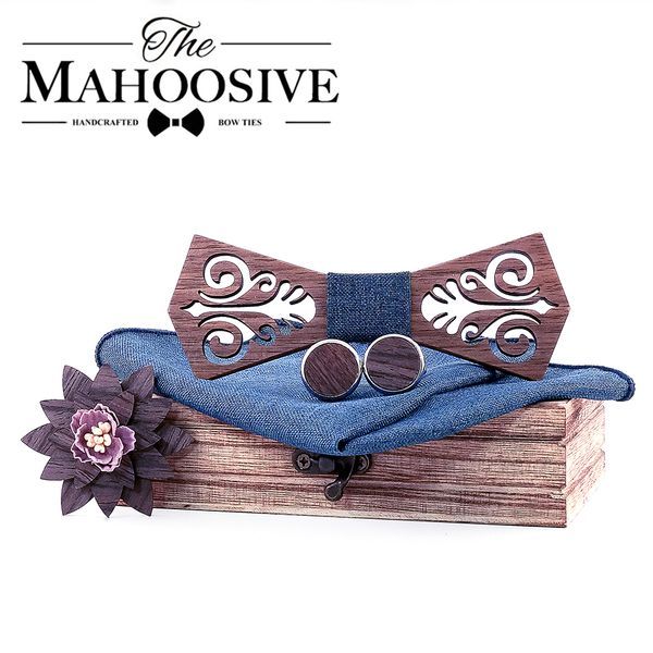 

mahoosive tie wooden bow ties papion man boda coffret cadeau homme cut out model with blue handkerchief cufflinks, Blue;purple