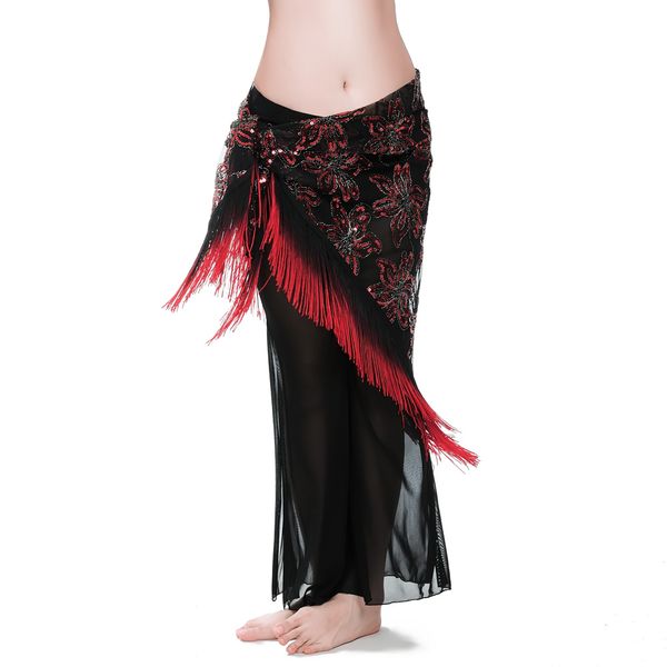 

new women belly dance costume hip scarf wrap sequins bellydance belt dual color bellydancing tassel skirt hot, Black;red
