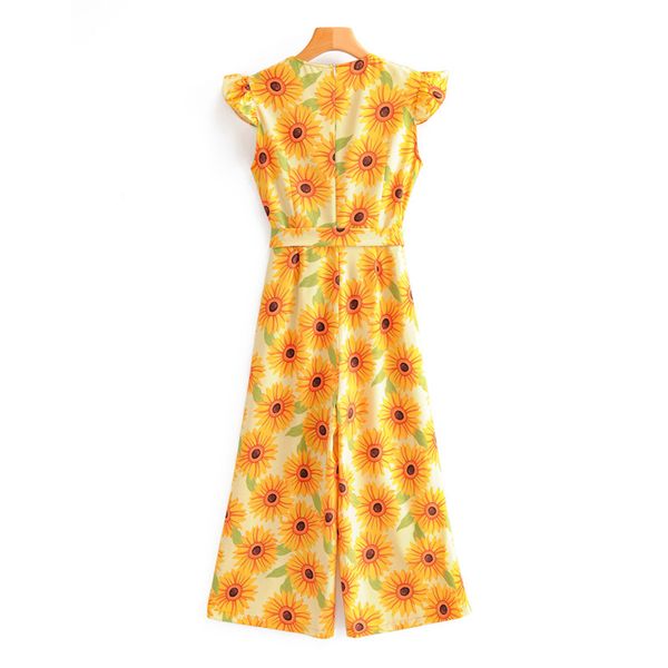 

2020 new sun flower printed v-neck belt slim slimming jumpsuit, Black;white