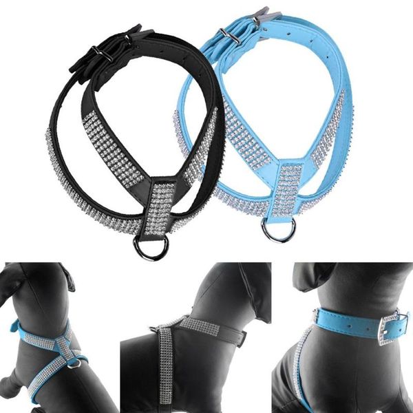 

pet dog harness bling rhinestone pu leather puppy dog collars control walk