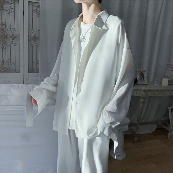 

men's long-sleeved shirt 2019 autumn and winter new loose casual solid color long-sleeved shirt youth fashion men's clothing, White;black