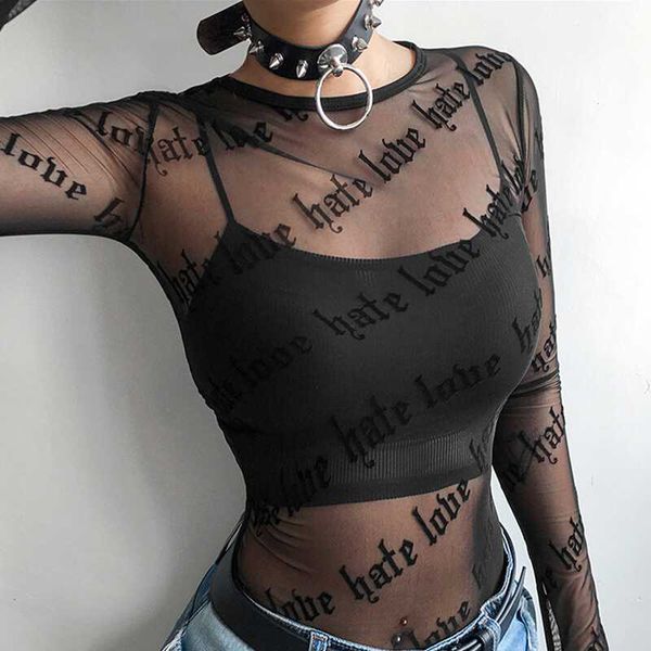 

women mesh t-shirts see through perspective letter printed tshirt o neck transparent long sleeve t shirt, White